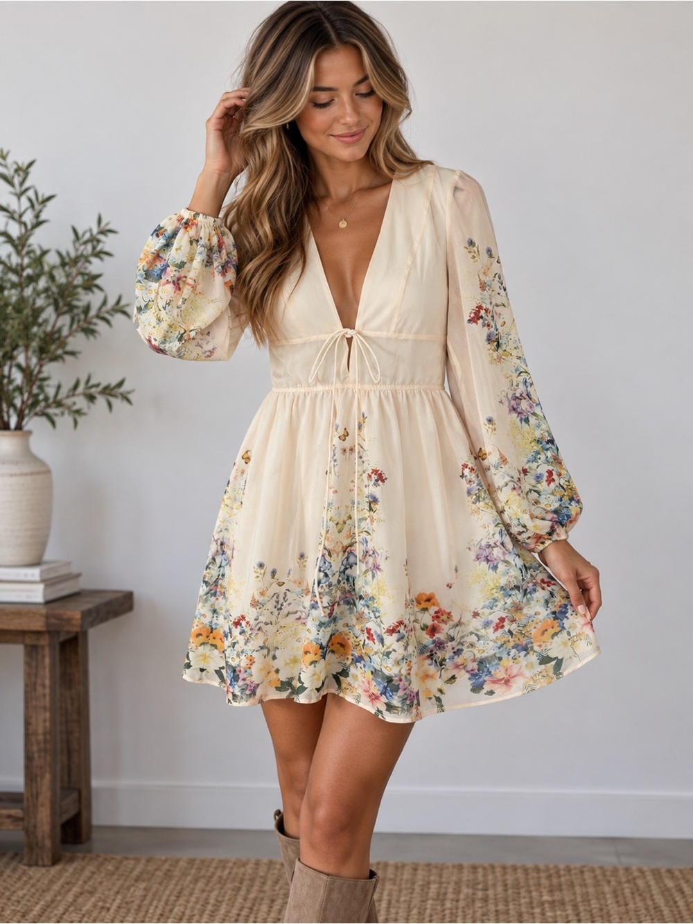 Commense Floral Border Print Tie-Front Mini Dress Size S NWT